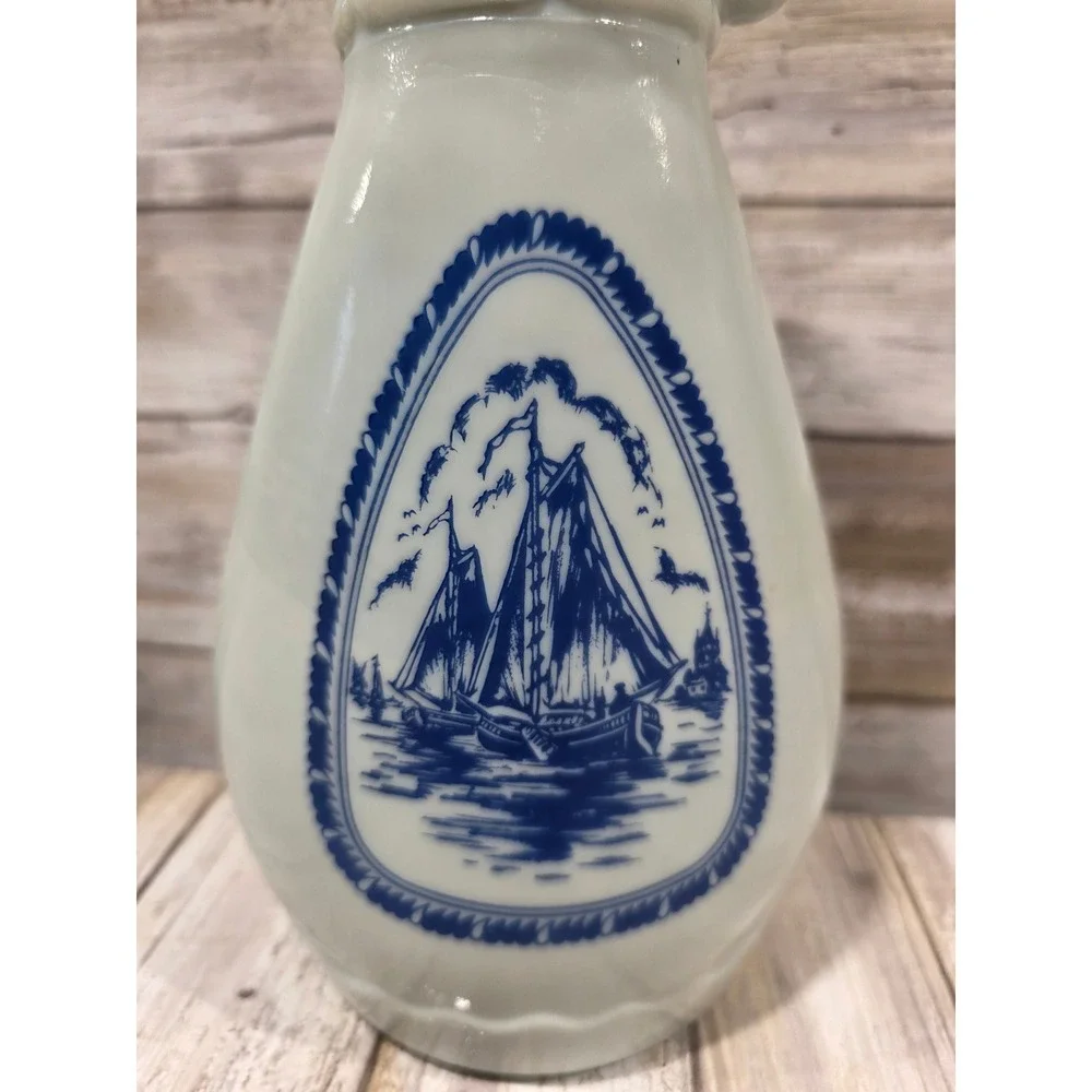 Vintage White Ceramic Pitcher Vase Blue Nautical‎ Sailboat Scene Handle Raised